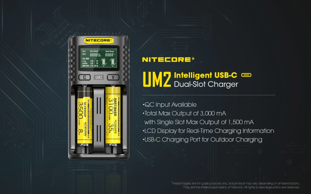 Nitecore UM2 inteligentní 2 slotová USB nabíječka pro Li-Ion, LiFePo4, Ni-MH, Ni-CD