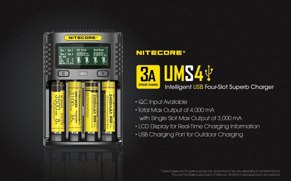 Nitecore UMS4 inteligentní 4 slotová USB rychlonabíječka pro Li-Ion, LiFePo4, Ni-MH, Ni-CD