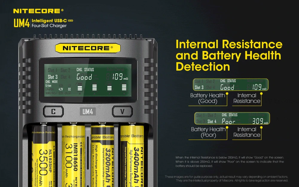 Nitecore UM4 inteligentní 4 slotová USB nabíječka pro Li-Ion, LiFePo4, Ni-MH, Ni-CD