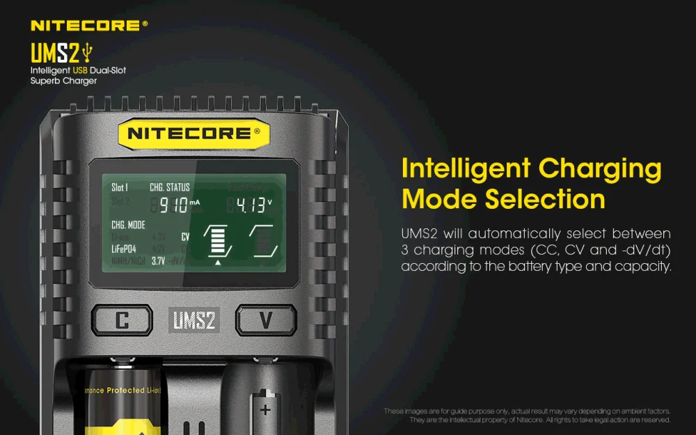 Nitecore UMS2 inteligentní 2 slotová USB rychlonabíječka pro Li-Ion, LiFePo4, Ni-MH, Ni-CD