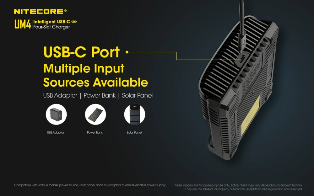 Nitecore UM4 inteligentní 4 slotová USB nabíječka pro Li-Ion, LiFePo4, Ni-MH, Ni-CD