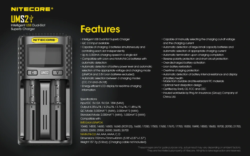Nitecore UMS2 inteligentní 2 slotová USB rychlonabíječka pro Li-Ion, LiFePo4, Ni-MH, Ni-CD